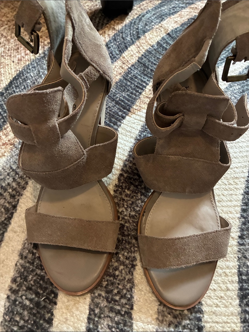 hinge Taupe Suede Strappy Block Heel Sandals